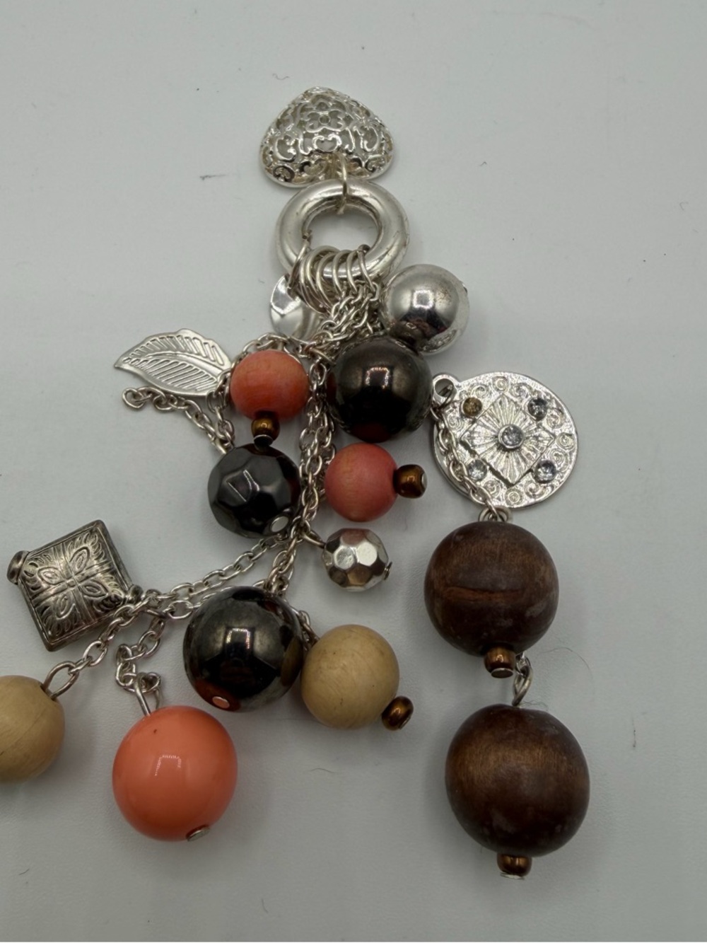 Boho Charm Cluster Pendant Silver Tone Wood Bead Dangle Statement Charm